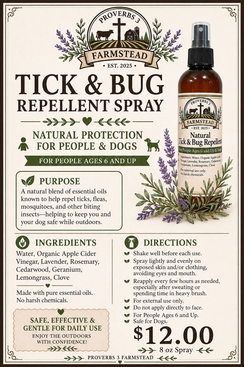 Natural Tick & Bug Repellent (Ages 6+ & Dogs) - 8 oz spray - $12