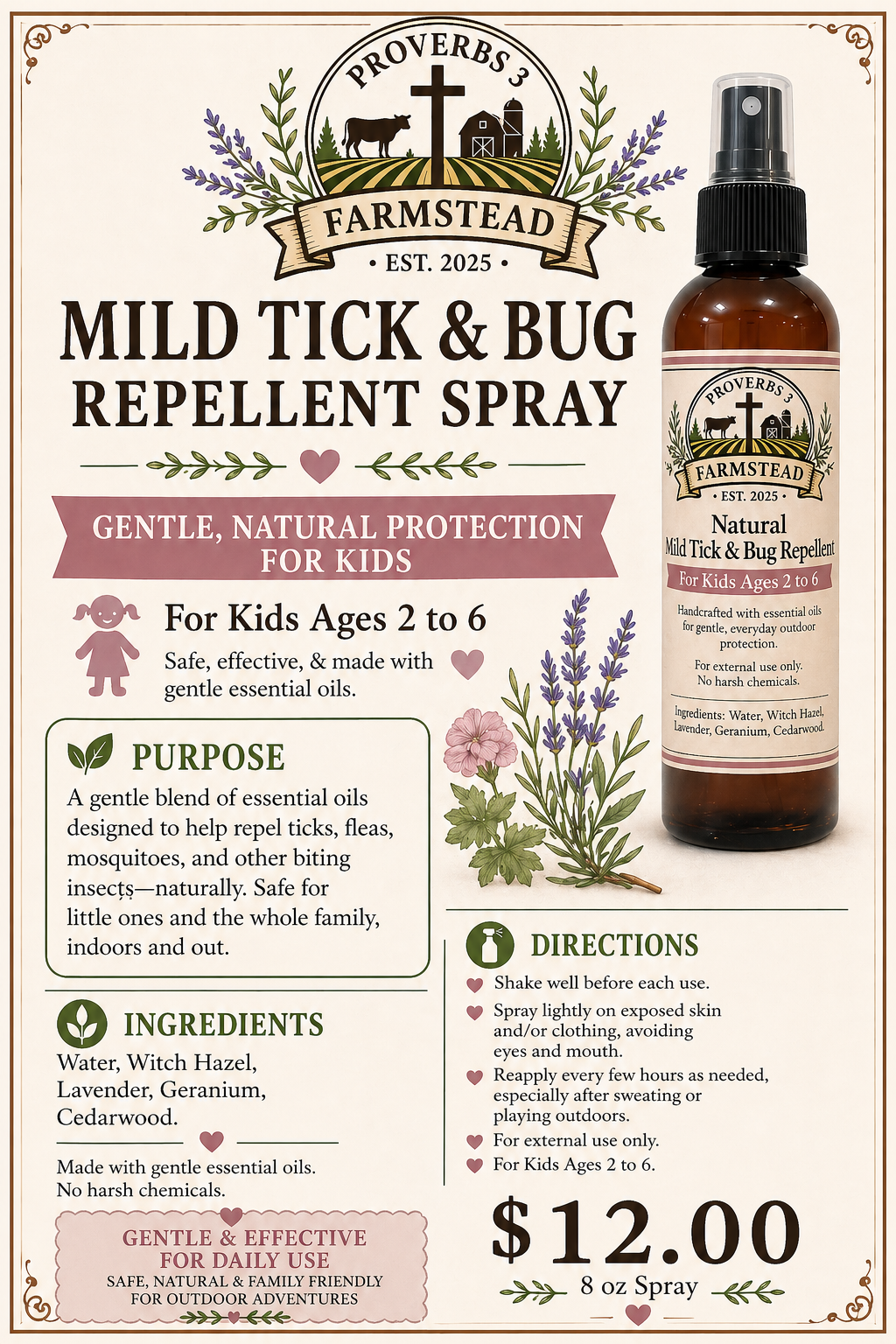 Natural Mild Tick & Bug Repellent (Ages 2-6) - 8 oz spray - $12